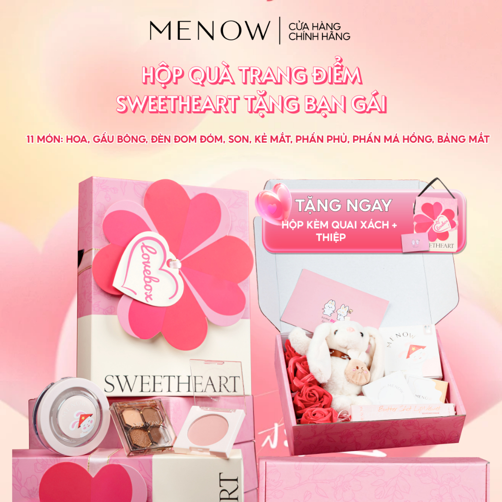 Hộp quà tặng trang điểm sẵn dây xách kèm gấu bông, hoa sáp và đèn MENOW SWEETHEART