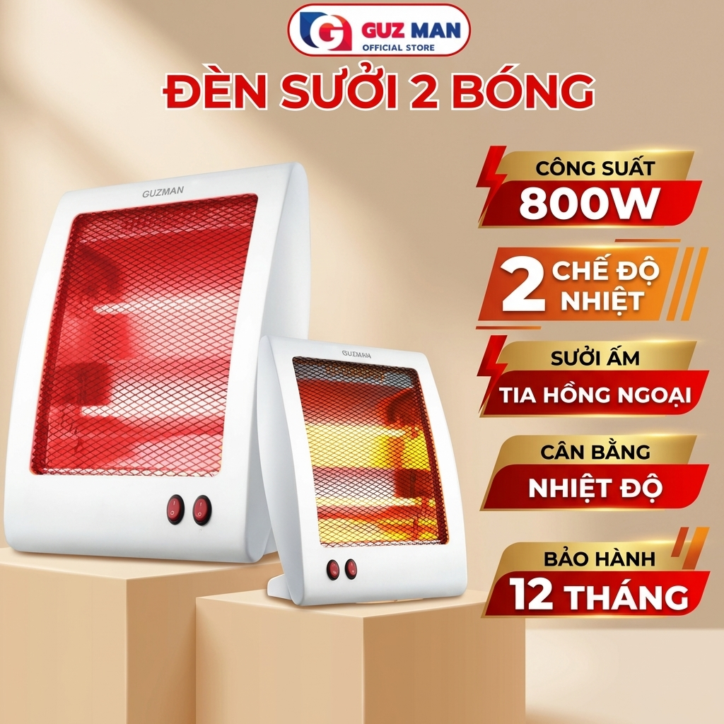 Máy Sưởi Ấm Đèn Sưởi Điện Hồng Ngoại 2 Bóng Công Suất 800w đèn sưởi cho bé, phòng ngủ làm ấm nhanh an toàn
