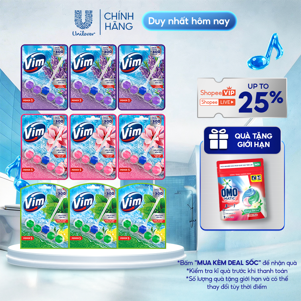 Combo 3 Viên Treo Vệ Sinh Bồn Cầu Vim Power 5 | Sạch Thơm Đến 300 Lần Xả (50g-55g/viên)