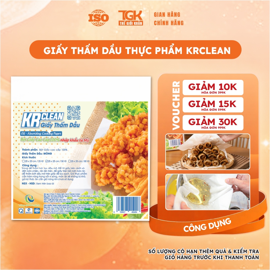 Giấy thấm dầu thực phẩm KRCLEAN 15x15cm dày/mỏng - Giấy thấm hút dầu mỡ, đồ chiên rán, loại bỏ dầu t