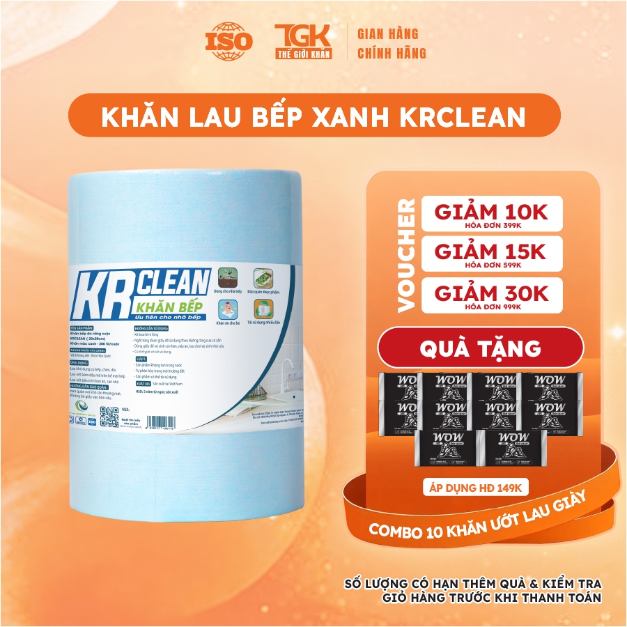 [Combo 2] Cuộn 200 tờ khăn giấy lau bếp xanh KRCLEAN 20x20cm - Khăn lau đa năng, siêu thấm hút, lau mọi bề mặt tiện lợi