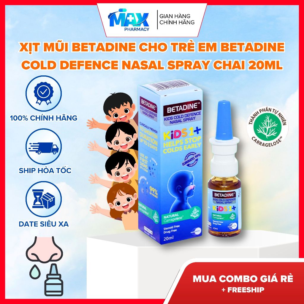 Xịt mũi BETADINE cho trẻ em Betadine Cold Defence Nasal Spray chai 20ml - Maxpharmacy