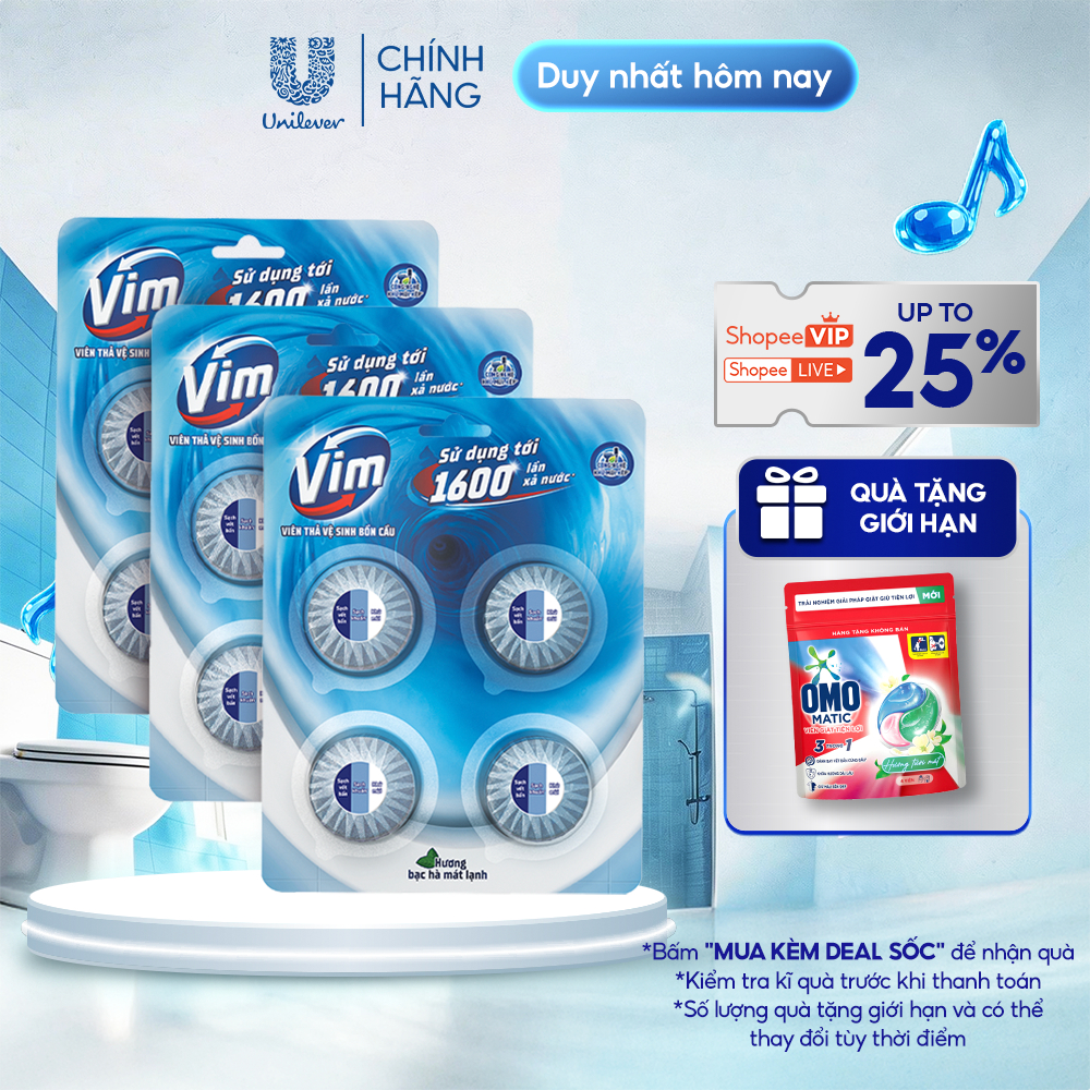 Combo 3 VỈ Viên Thả Vệ Sinh Bồn Cầu Vim | Sạch Khuẩn, Sáng Bóng đến 1600 Lần Xả (3x180g/vỉ)