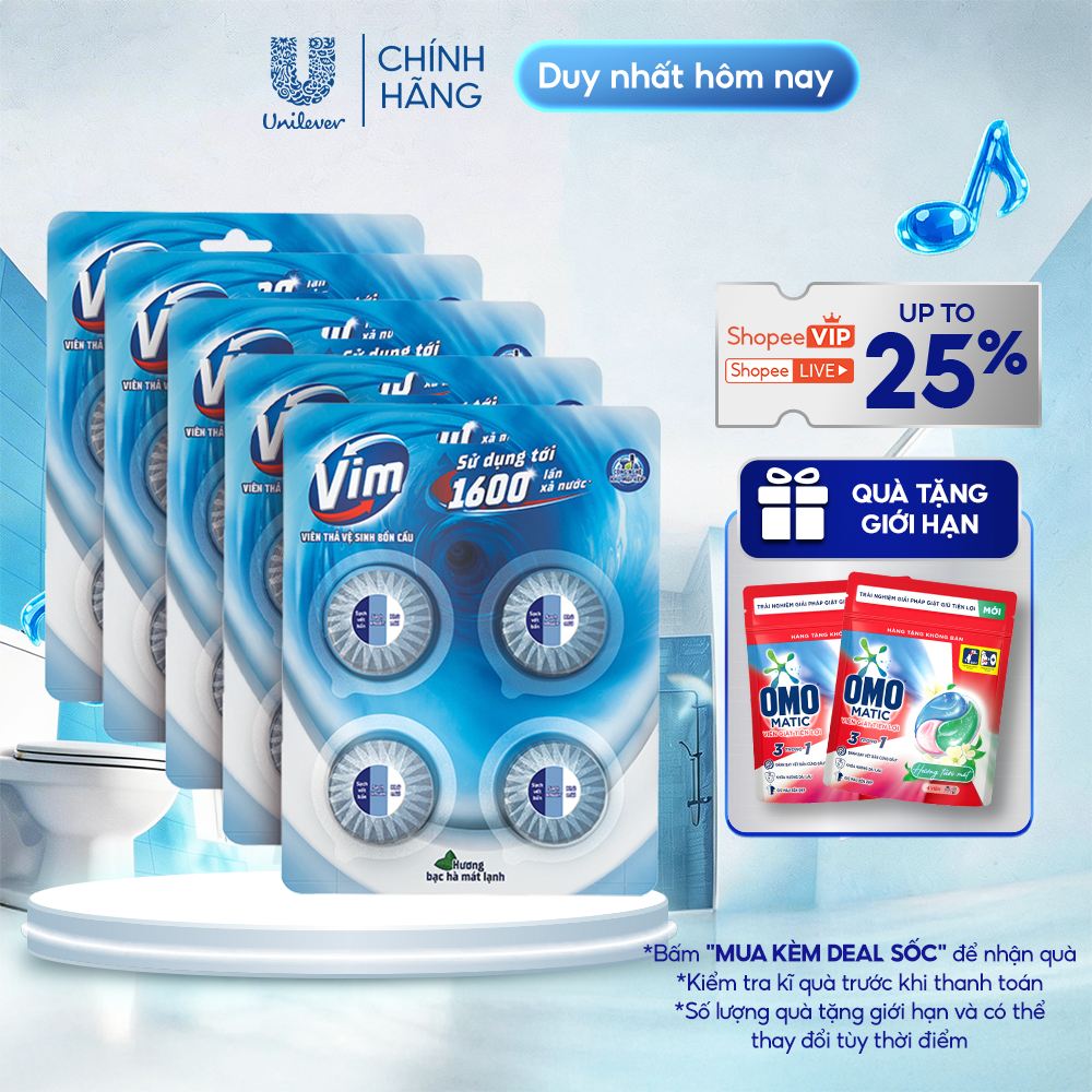 Combo 5 VỈ Viên Thả Vệ Sinh Bồn Cầu Vim | Sạch Khuẩn, Sáng Bóng đến 1600 Lần Xả (3x180g/vỉ)