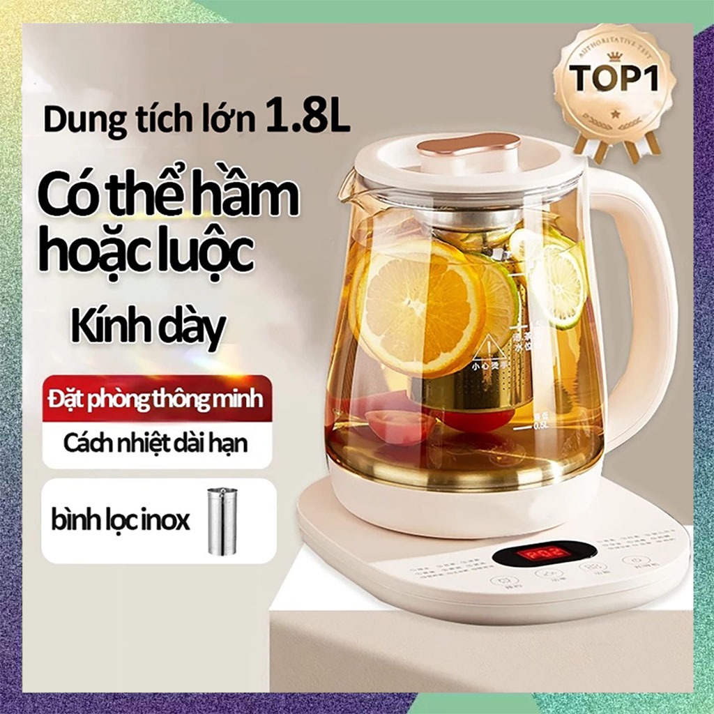 Ấm Đun Nước Điện Thủy Tinh 1.8L, 18 Chế Độ Pha Chế, Tự Động Bảo Nhiệt, Ấm Siêu Tốc 800W