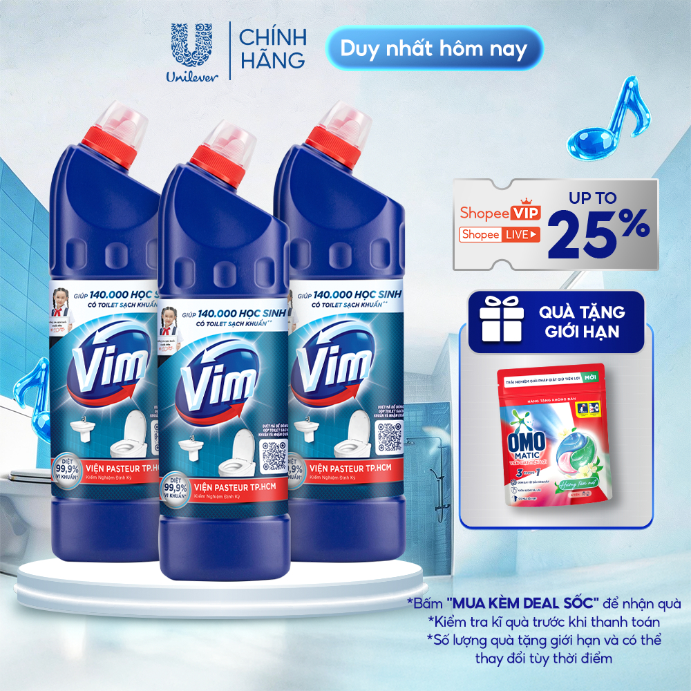 Combo 3 Nước Tẩy Bồn Cầu và Nhà Vệ Sinh Vim Diệt Khuẩn| Diệt 99,9% Vi Khuẩn (880ml)