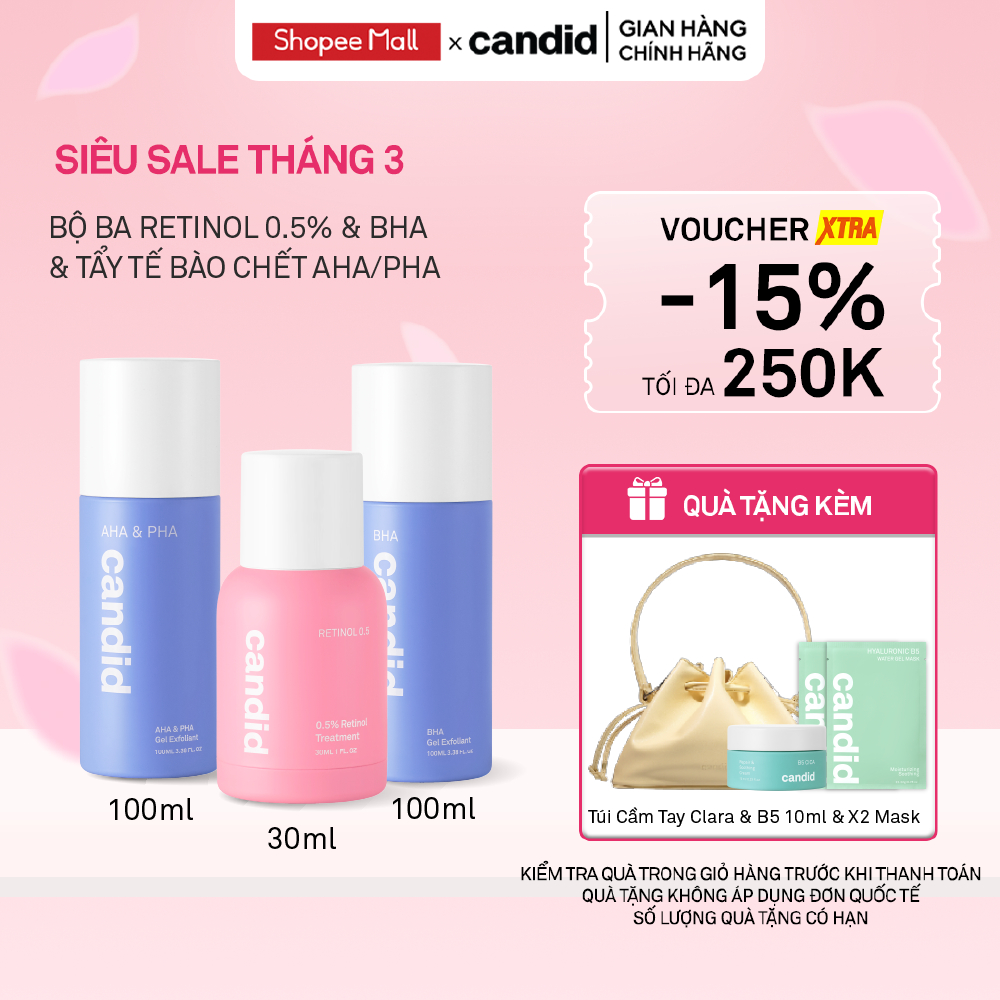 Bộ Ba Hỗ Trợ Cải Thiện Da Toàn Diện Candid Retinol 0.5% 30ml & BHA 100ml & AHA&PHA 100ml