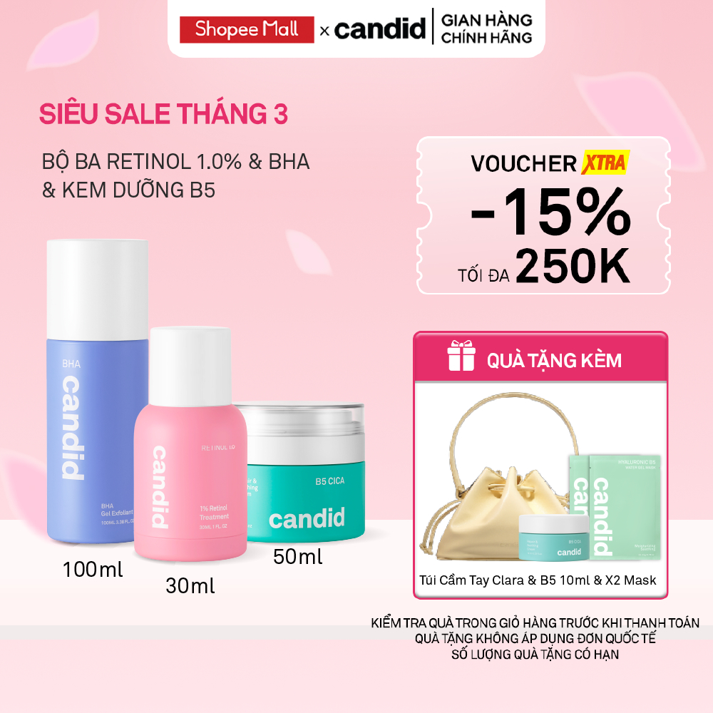 Bộ Ba Hỗ Trợ Cải Thiện Và Phục Hồi Da Candid Retinol 1.0% 30ml & Kem Dưỡng B5 Cica 50ml & BHA 100ml