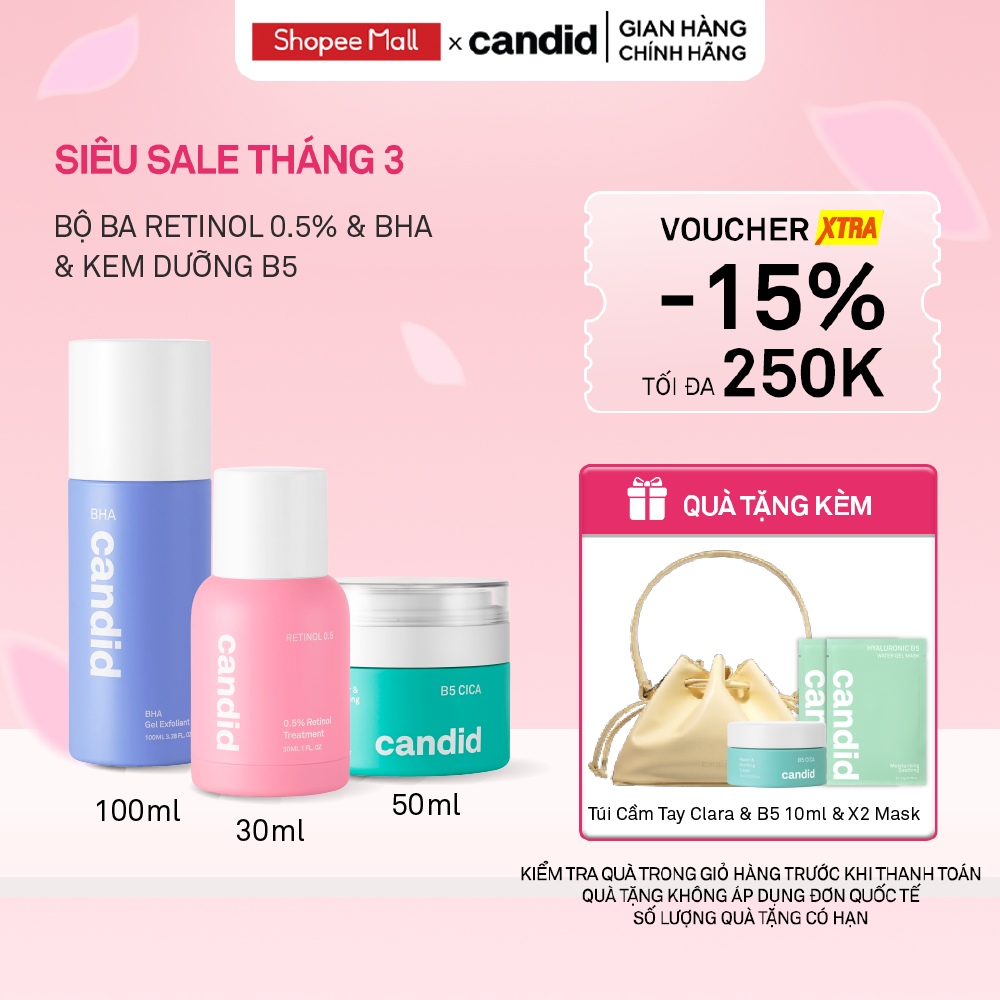 Bộ Ba Hỗ Trợ Cải Thiện Và Phục Hồi Da Candid Retinol 0.5% 30ml & Kem Dưỡng B5 Cica 50ml & BHA 100ml