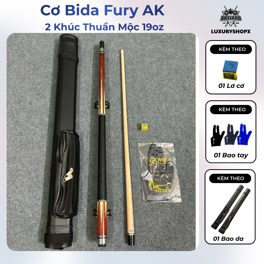 Cơ Bida lỗ Fury AK 2 Khúc Thuần Mộc 19oz, Cơ Bida mộc Fury Cao Cấp Đầu 11.5–12.7mm, Gậy bi a mộc - B