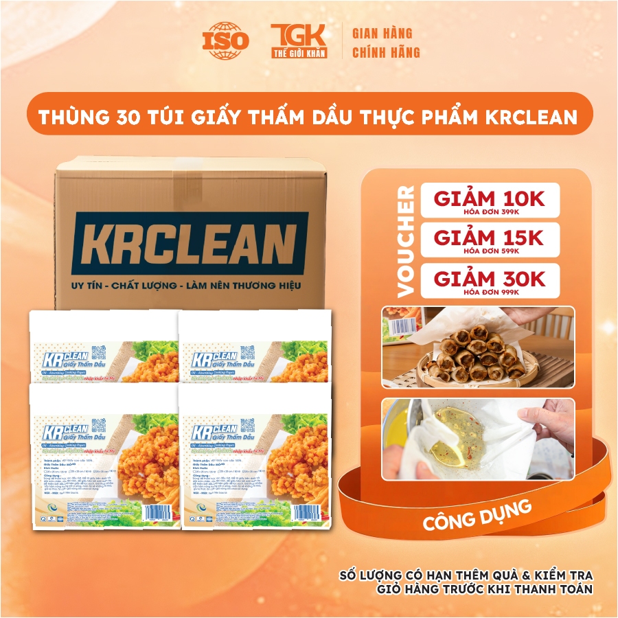 Thùng 30 bịch giấy thấm dầu thực phẩm KRCLEAN - Giấy thấm hút dầu mỡ, đồ chiên rán, loại bỏ dầu thừa