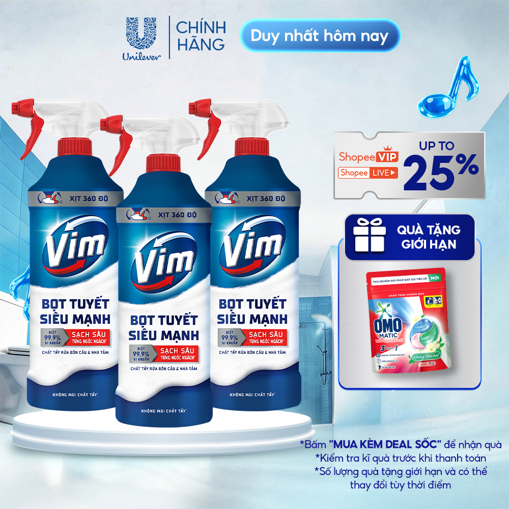 Combo 3 Chai Bọt Tuyết Siêu Mạnh Tẩy Bồn Cầu và Nhà Vệ Sinh Vim | Diệt 99,9% Vi Khuẩn (500ml)
