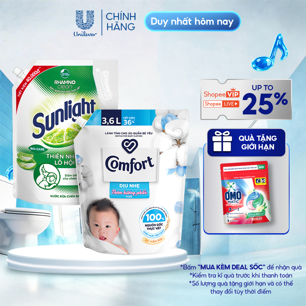 COMBO LÀNH TÍNH DỊU NHẸ | Nước rửa chén Sunlight Lô Hội Túi 3.3kg | Nước xả vải Comfort Dịu Nhẹ Thơm Hương Phấn Túi 3.6L