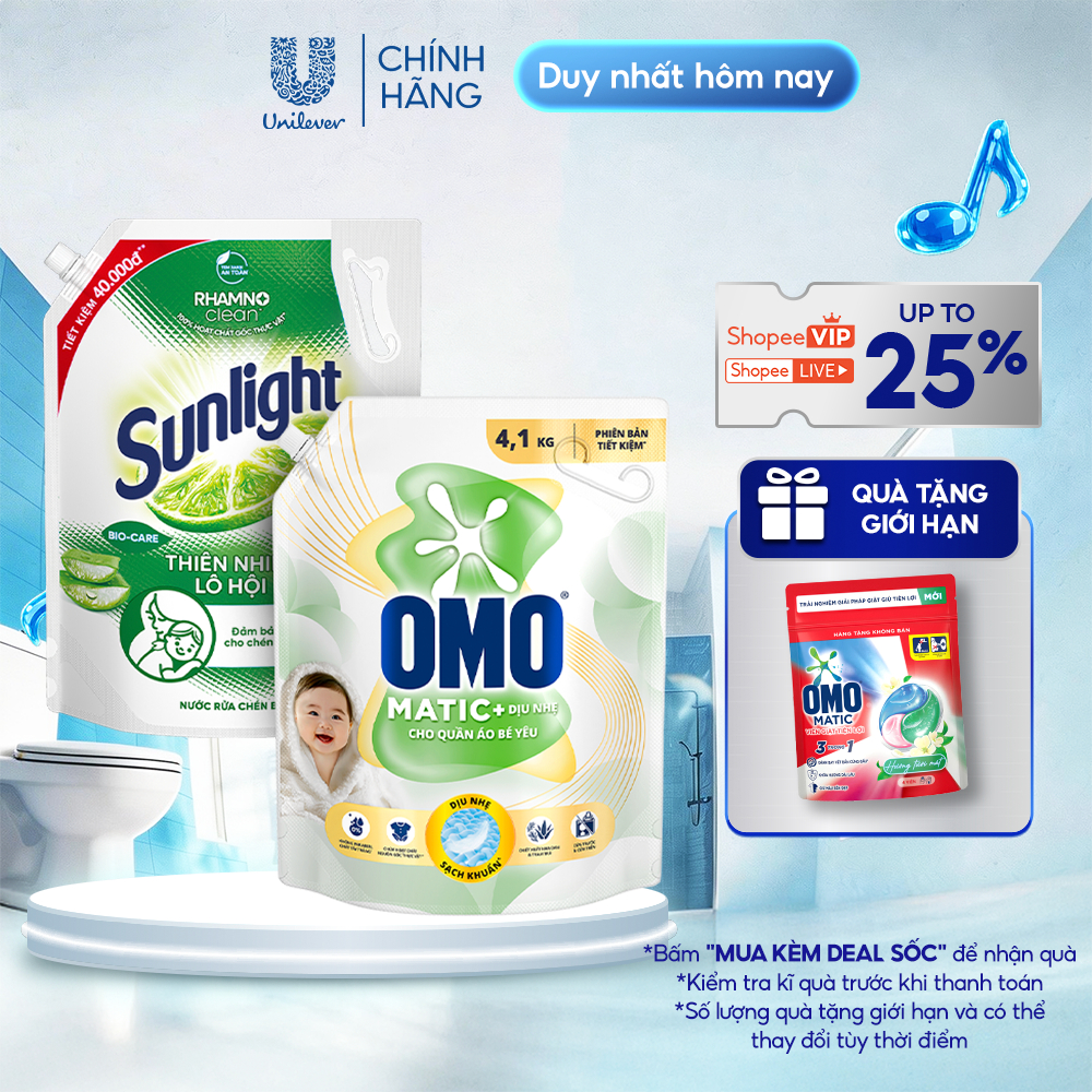 SẠCH LÀNH TÍNH - SẠCH DỊU NHẸ| Nước rửa chén Sunlight Lô Hội Túi 3.3kg| Nước giặt OMO Matic cho Quần Áo Bé Yêu Túi 4.1kg