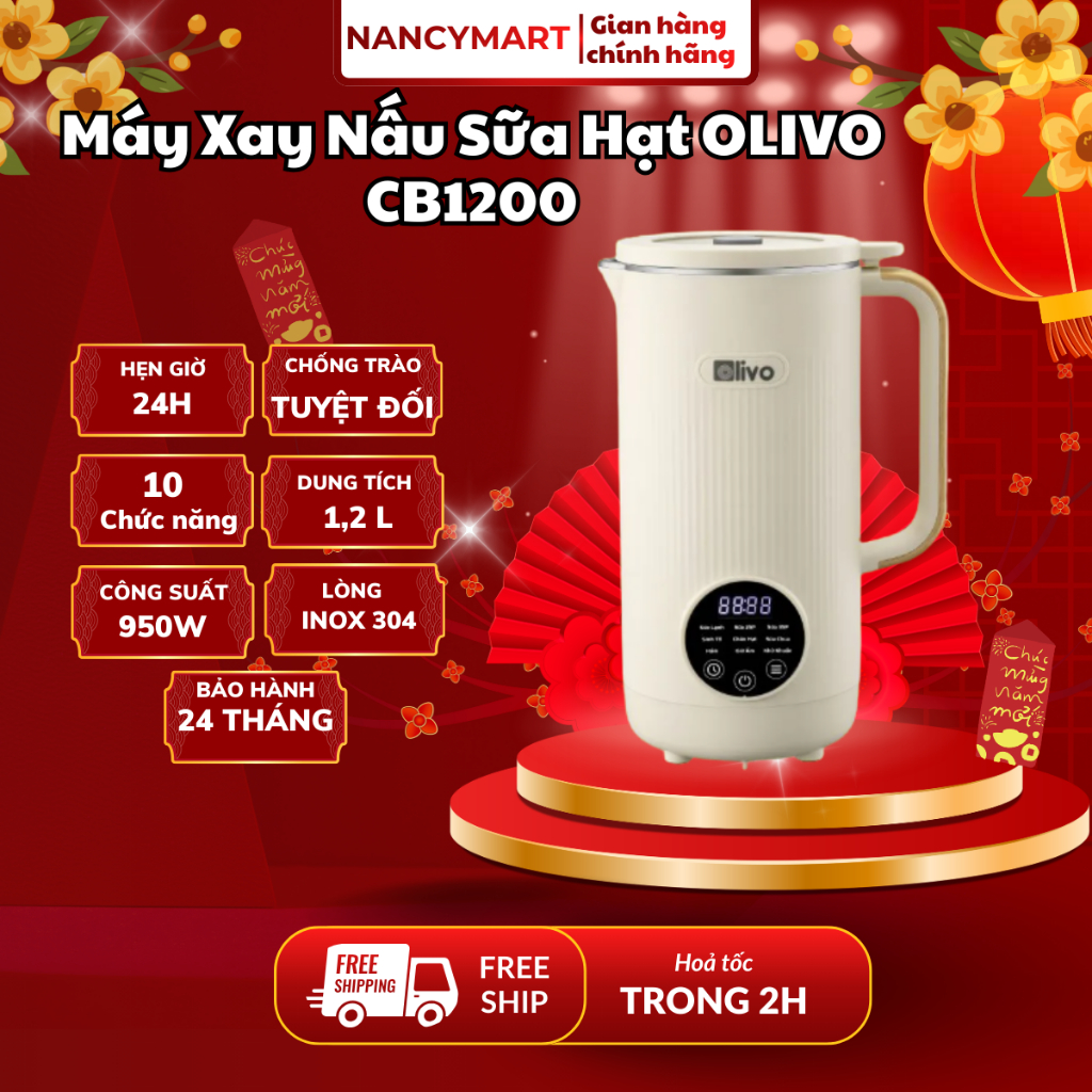 [Chính hãng] Máy xay nấu sữa hạt mini đa năng Olivo CB1200,Dung tích 1.2 lít, 10 chế độ,bh 24 tháng