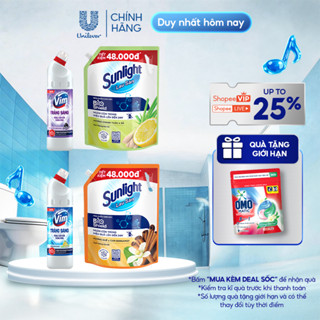 COMBO TRẮNG SẠCH THƠM NHÀ | Nước lau sàn Sunlight Bioshield Túi 3.4 KG | Gel Tẩy Rửa Vim Trắng Sáng Chai 870ml