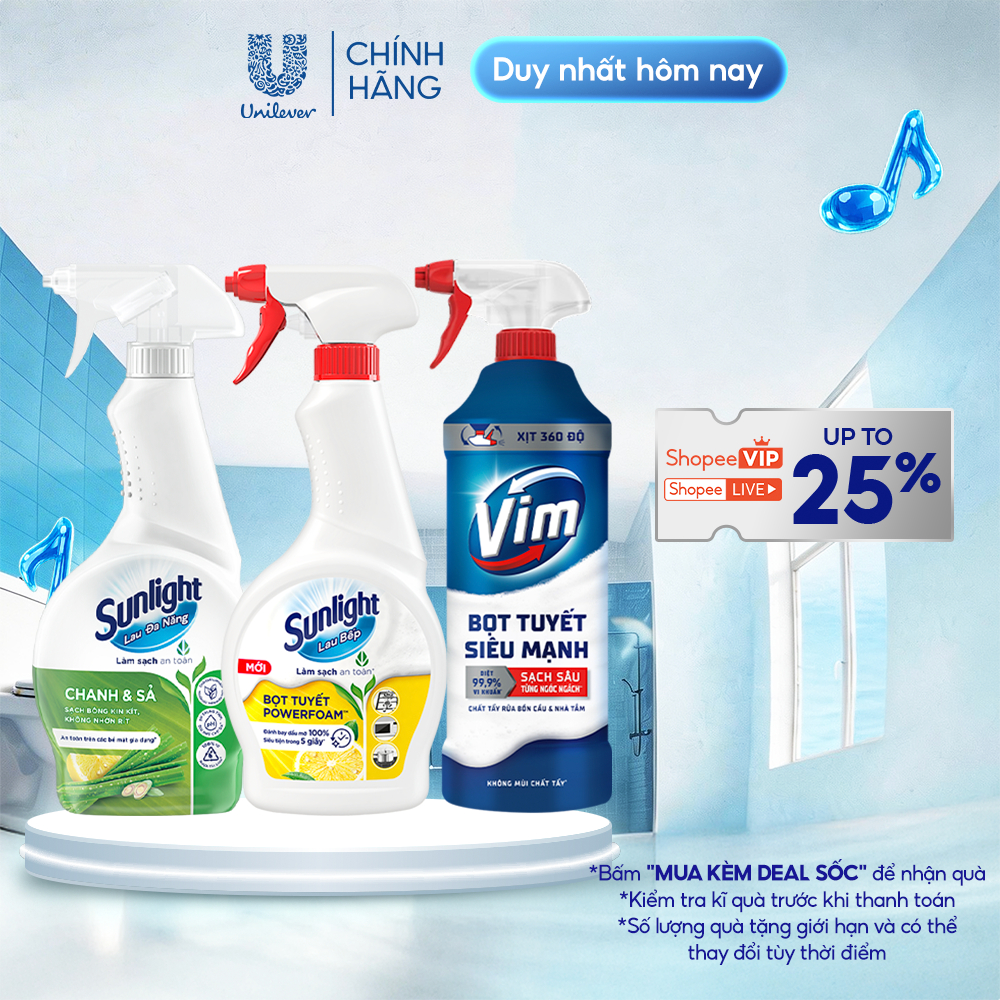 BỘ BA TẨY RỬA TOÀN DIỆN | Bọt tuyết lau bếp Sunlight POWERFOAM | Tẩy bồn cầu Vim Bọt tuyết | Nước lau đa năng Sunlight