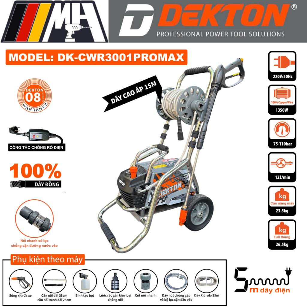 Máy rửa xe Dekton DK-CWR3001PROMAX, Công suất 1350W, Máy khoẻ, Tiết kiệm điện, Bảo hành 8 tháng