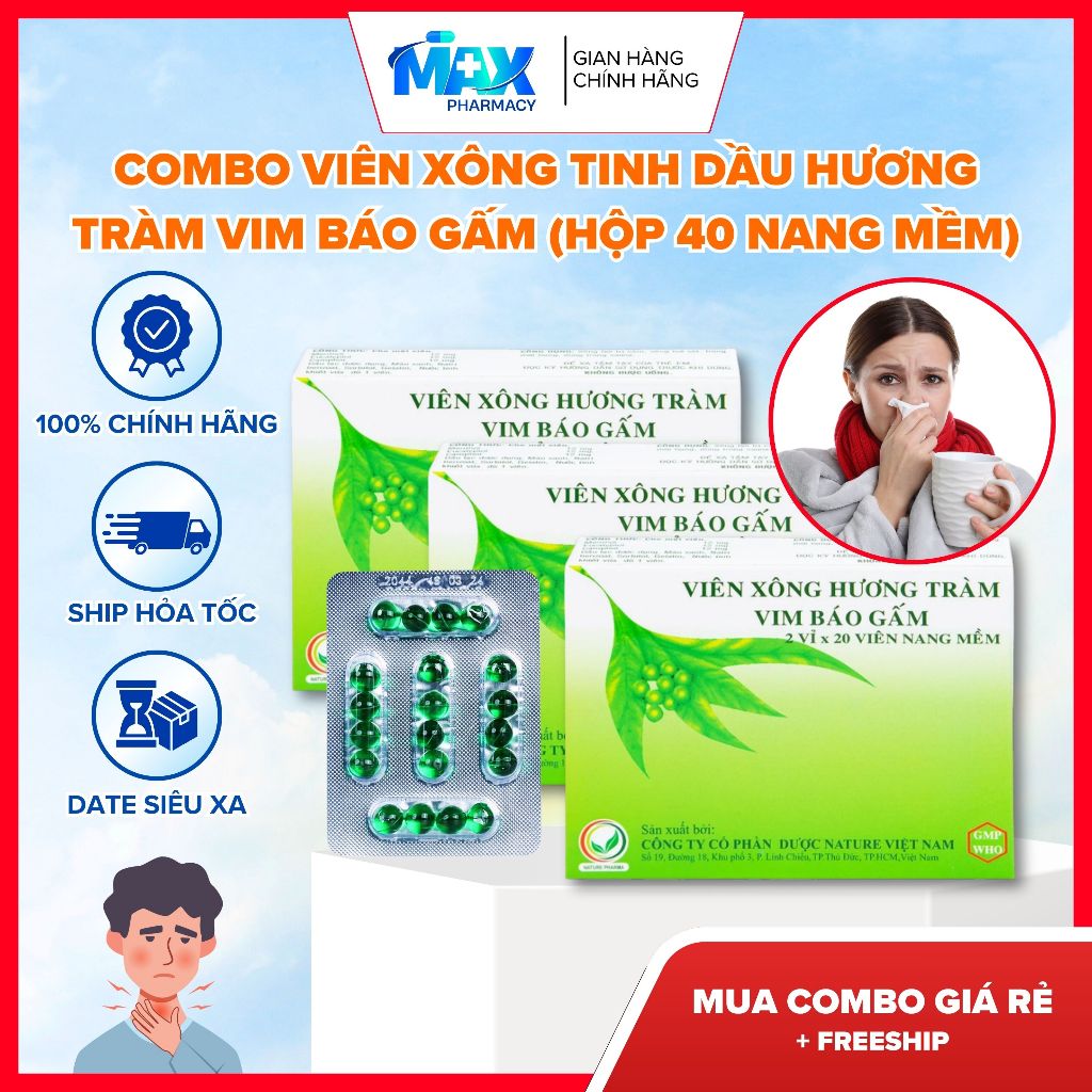 COMBO Viên xông tinh dầu hương tràm VIM Báo Gấm (Hộp 40 nang mềm) - Maxpharmacy