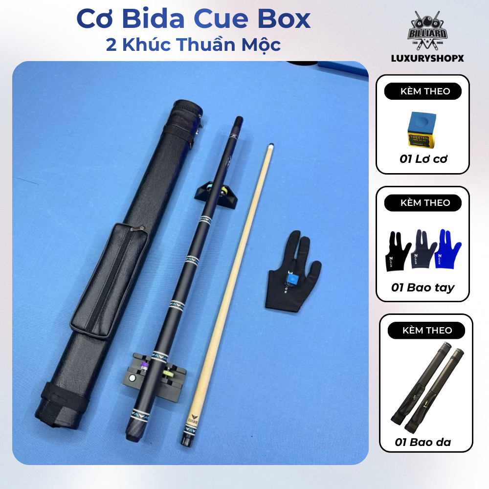 Cơ Bida lỗ CUE BOX 2 Khúc Thuần Mộc, Gậy Bi a Chuyên Dụng 19oz Đầu 11.5–12.7mm - Billiards Luxurysho