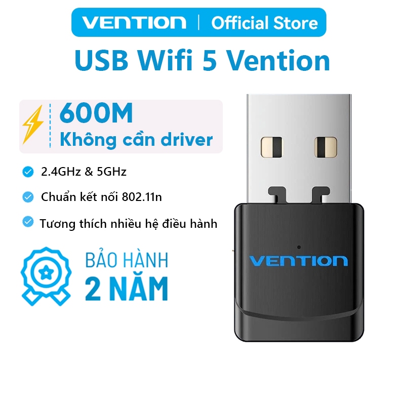 USB WiFi Vention- Bộ Chuyển Đổi WiFi USB, Card Mạng Không Dây 600M,Băng Tần Kép 2.4GHz/5GHz