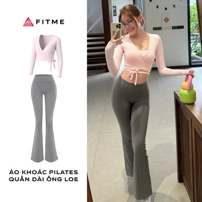 Bộ đồ tập pilates yoga nữ Fitme áo khoác hồng pastel Glow quần ống loe dark grey tôn dáng thoải mái