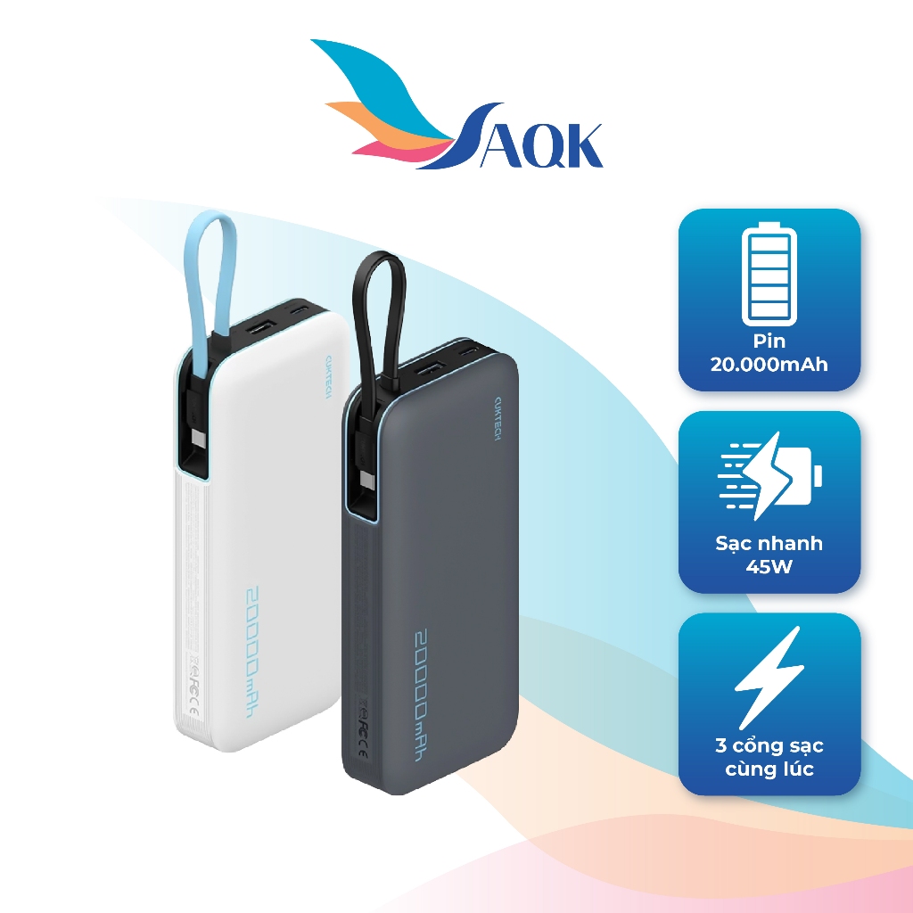 Sạc dự phòng Cuktech Power Bank Built-in USB-C Cable 1Type-C 55W 20000mAh CP25 PB200N - Hàng chính h