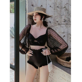 Set Bikini Nữ Hai Mảnh Áo Voan Chấm Bi Tay Dài Phối Quần Cạp Cao Đồ Bơi Đi Biển, Hồ Bơi Thời Trang Cao Cấp H387