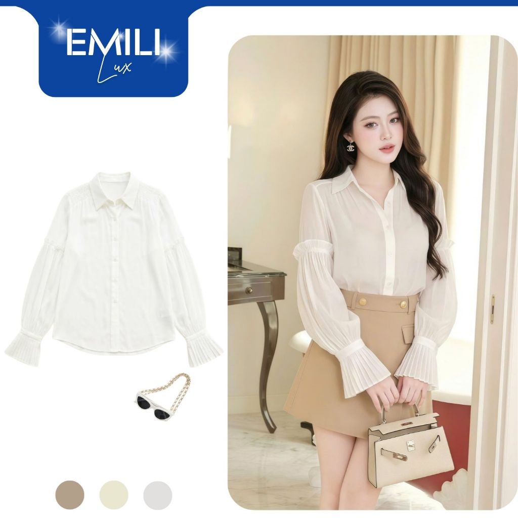 Áo sơ mi trắng tay dài cổ đức Emili Lux áo kiểu nữ tay phồng tiểu thư sang chảnh đi làm đi chơi A88