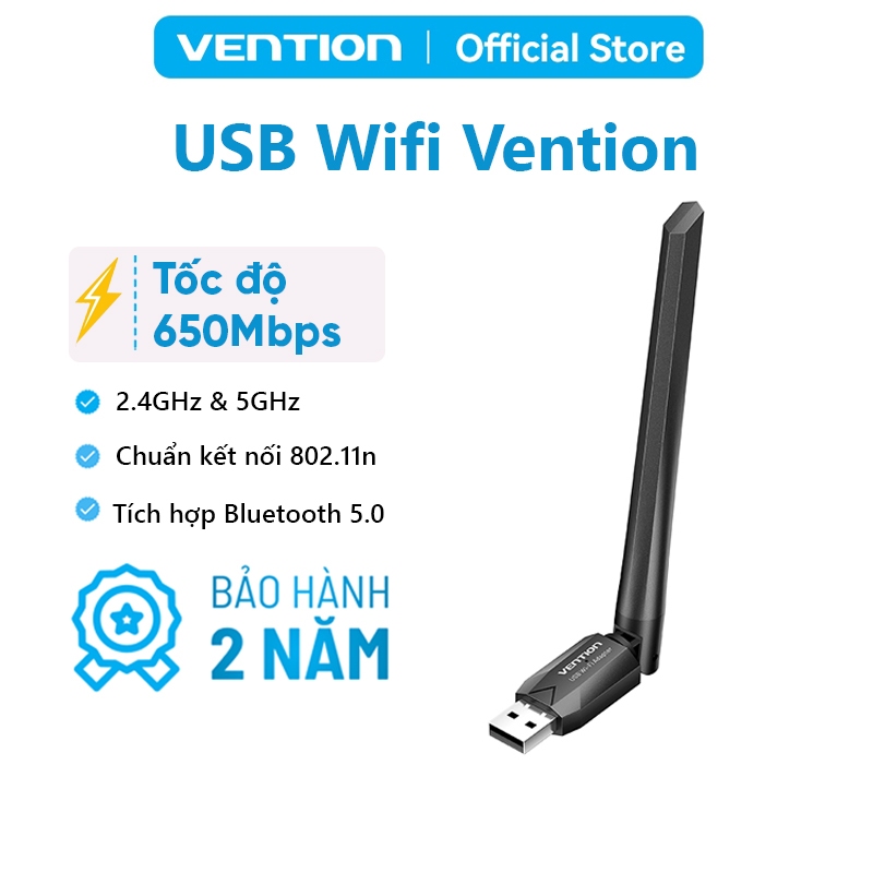 USB WiFi 6 Vention Tích Hợp Bluetooth 5.0, Băng Tần Kép 2.4GHz & 5GHz, Tốc độ 650Mbps Cắm Là Chạy Laptop, Máy Tính Bàn
