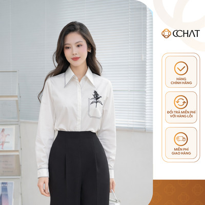 Áo Sơ Mi Nữ 𝐂𝐂𝐇𝐀𝐓 Dáng Suông Thêu Trang Trí Cổ Đức Chất Liệu Cao Cấp 16FDT2004ST