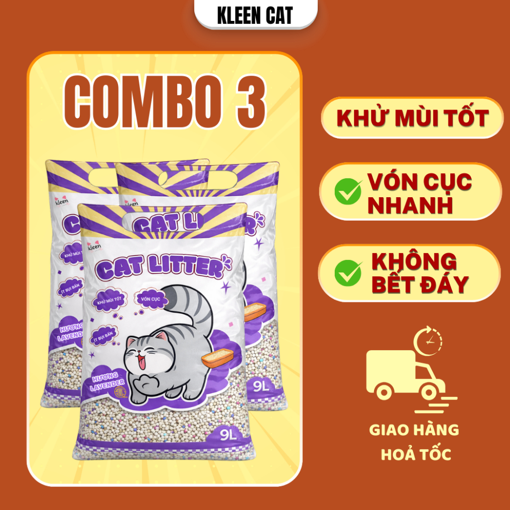 Combo 3 túi Cát Mèo Kleen túi 9l , Cát Vệ Sinh Mèo Kleen Siêu Vón Cục Túi Có Tay Cầm Mới