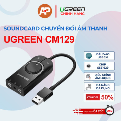 Soundcard cho máy tính cổng USB có volume UGREEN CM129 - Chip SSS1629 DAC 48KHz/16bit - Cực đa năng