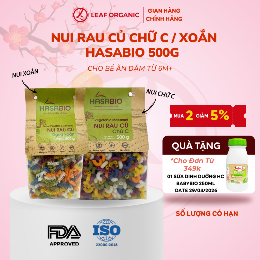 Nui rau củ Hasa Bio 500g (Gói) - Nui chữ C/Nui dạng xoắn