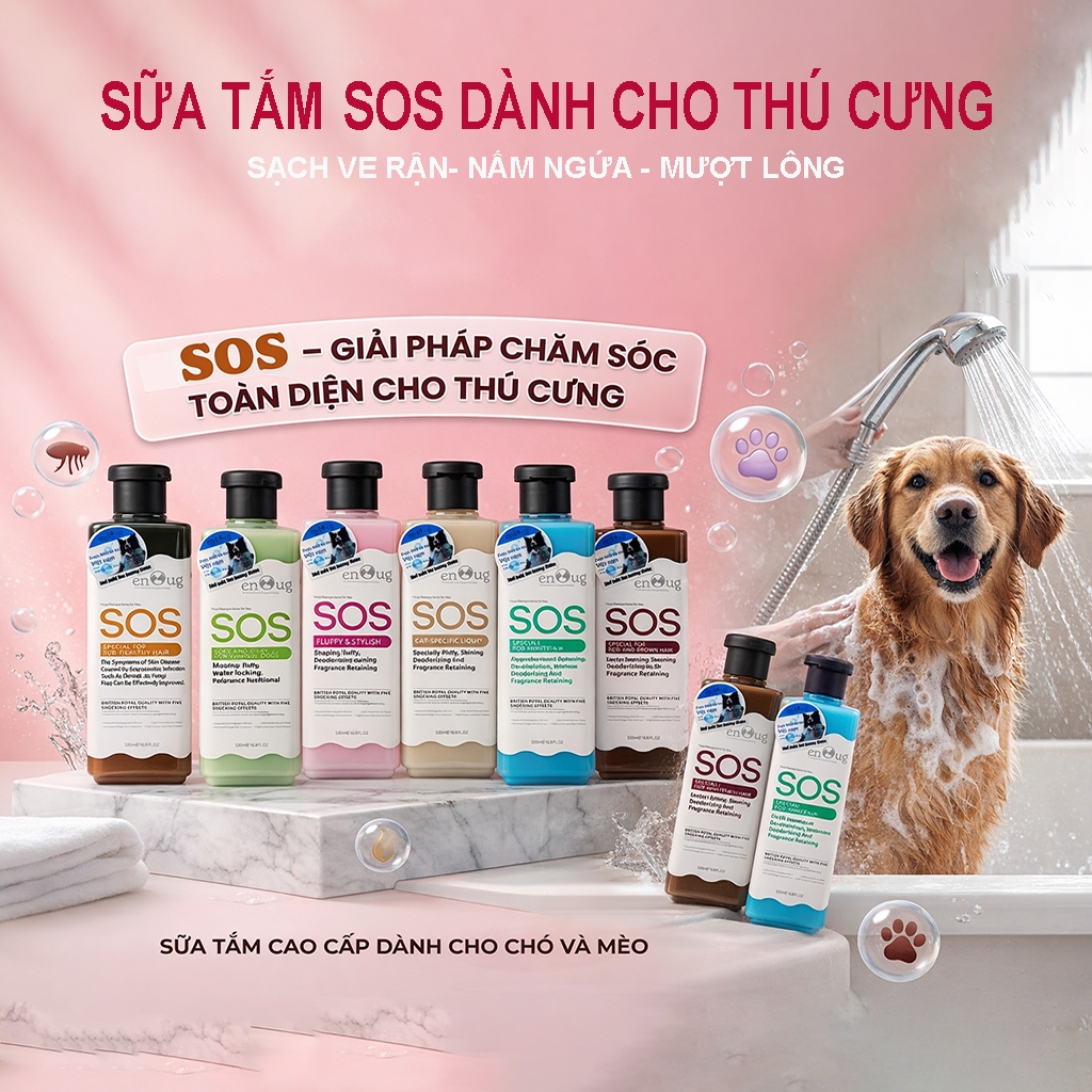 Sữa tắm SOS cho chó mèo, sữa tắm cho chó Enoug SOS thơm lâu trị ve rận dưỡng mượt lông 530ml