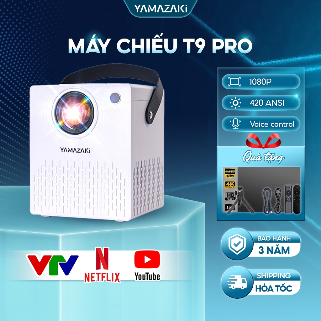 Máy Chiếu Mini Yamazaki T9 Pro Độ Phân Giải HD 4K, Độ Sáng 420 ANSI Hình Ảnh Sắc Nét Chiếu Phim Phòng Ngủ Bảo Hành 3 Năm