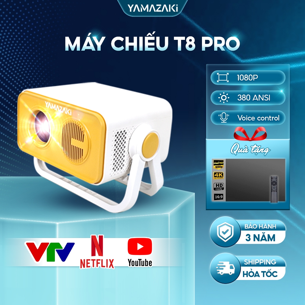 Máy chiếu mini Yamazaki T8PRO Smart hệ điều hành Android TV11, HD 4K, 380 Ansi hình ảnh sắc nét chiếu phim phòng ngủ