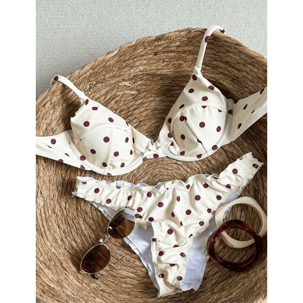 RUBIES BIKINI - Bộ bikini be chấm bi đỏ đô có gọng và mút (ảnh thật shop chụp cuối)