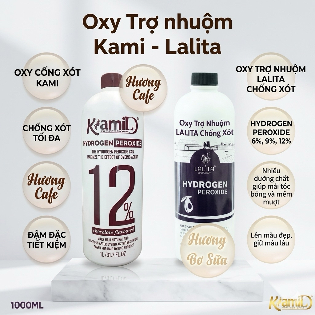 (Giá Salon) Oxy trợ nhuộm KAMI 900ml, Oxy Lalita chống sót da đầu, cao cấp hương Cafe