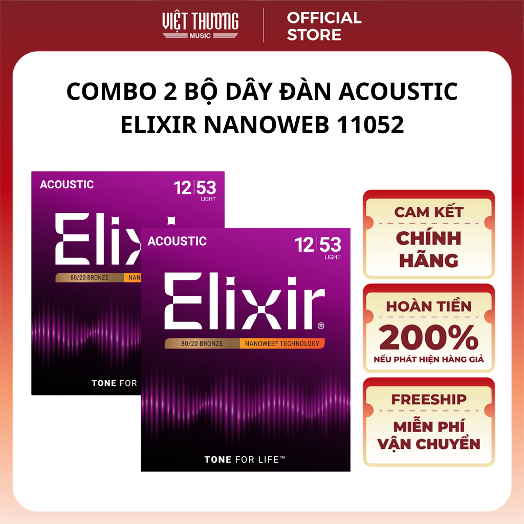 Combo 2 Bộ Dây Đàn Guitar Acoustic Chính Hãng Elixir Nanoweb 11052 Size 12-53 - Việt Thương Music