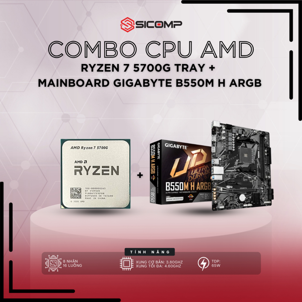 [FV] COMBO CPU AMD Ryzen 7 5700G Tray (k fan)+MB Mainboard Gigabyte B550M H ARGB, DDR4, 2, BH 3Y