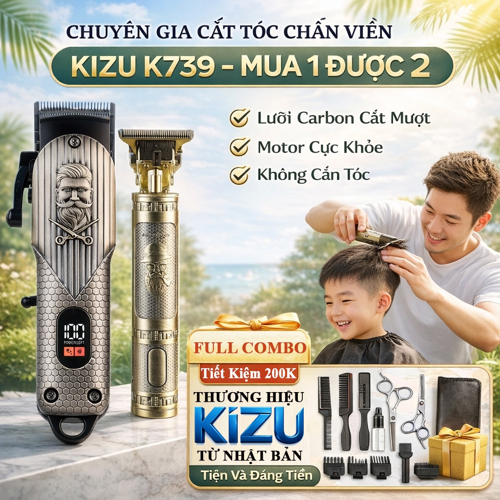 [COMBO Mua 1 Được 2] Tông Đơ Cắt Tóc Chấn Viền Gia Đình KIZU K739, Tăng Đơ Hớt Tóc Nam, Người Lớn, Trẻ Em