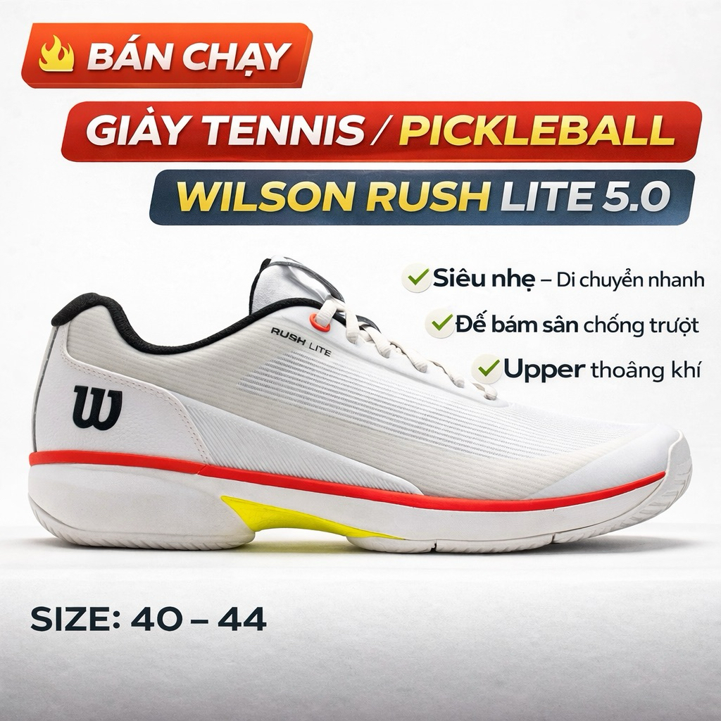Wilson Rush Lite 5.0 Giày Tennis / Pickleball Chính Hãng – Giày Tennis Wilson Nhẹ Bám Sân Êm Chân