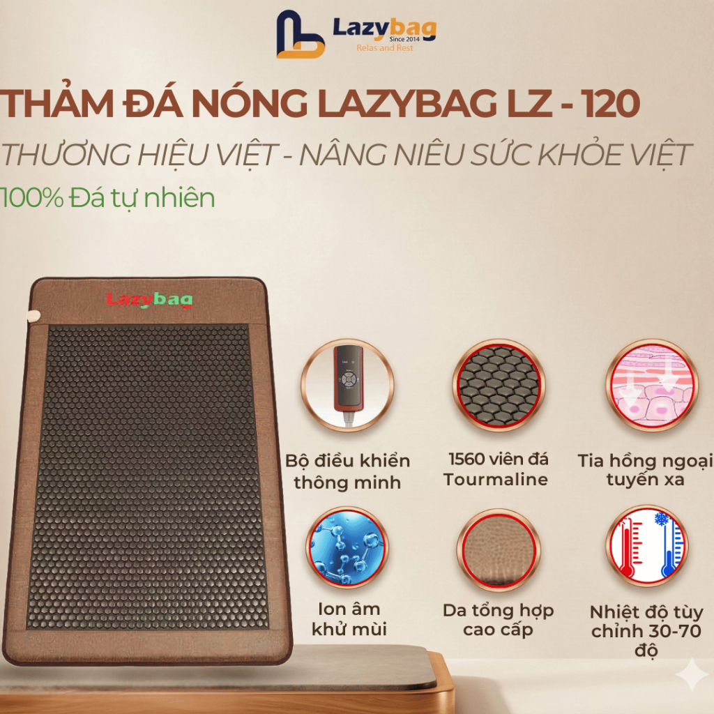 [TẶNG ĐAI 3.4KG] Nệm Đá Nóng 2 Người Lazybag LZ-120 (120x190cm) - Đệm Argeta Đen Thư Giãn, Ngủ Ngon