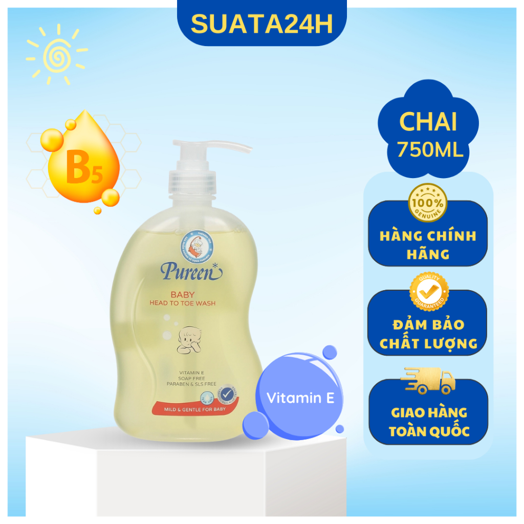 [Chính Hãng] Sữa Tắm Gội Trẻ Em toàn thân Pureen with Vitamin B5 & Vitamin E 750ml