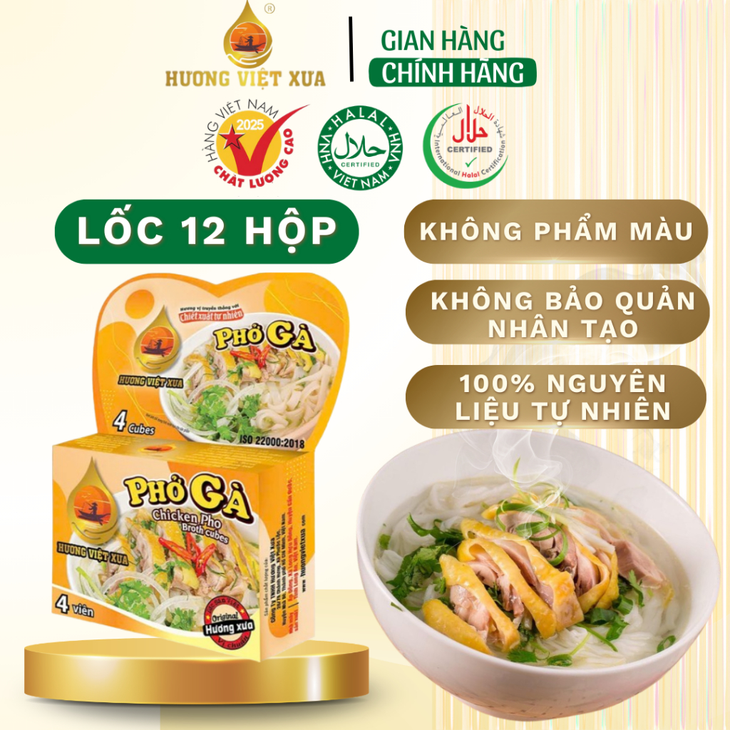 Lốc 12 Hộp Viên Gia Vị Phở Gà Hương Việt Xưa 75 gram ( 1 Hộp 4 Viên)  Gia Vị Nấu Phở Gà Viên Viên Sú