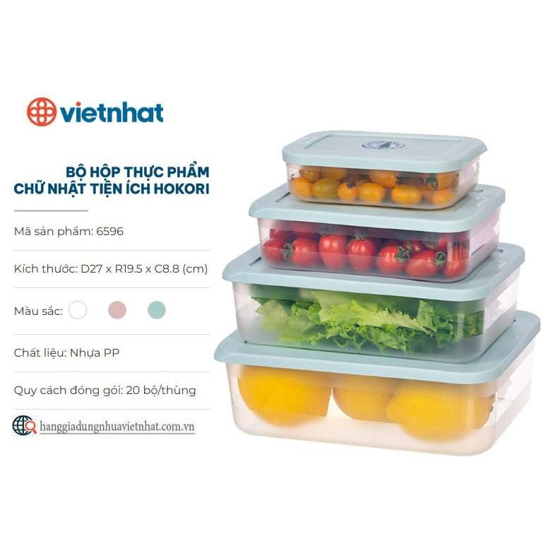 Bộ 4 hộp thực phẩm chữ nhật HOKORI nhựa VIỆT NHẬT - đựng đồ ăn để tủ lạnh 6596