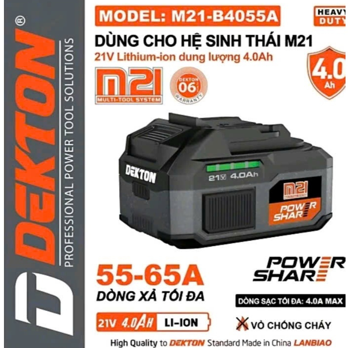 Pin Lithium 21V 4.0Ah Dekton M21-B4055A (Pin Máy Khoan – Máy Mài – Máy Cắt)