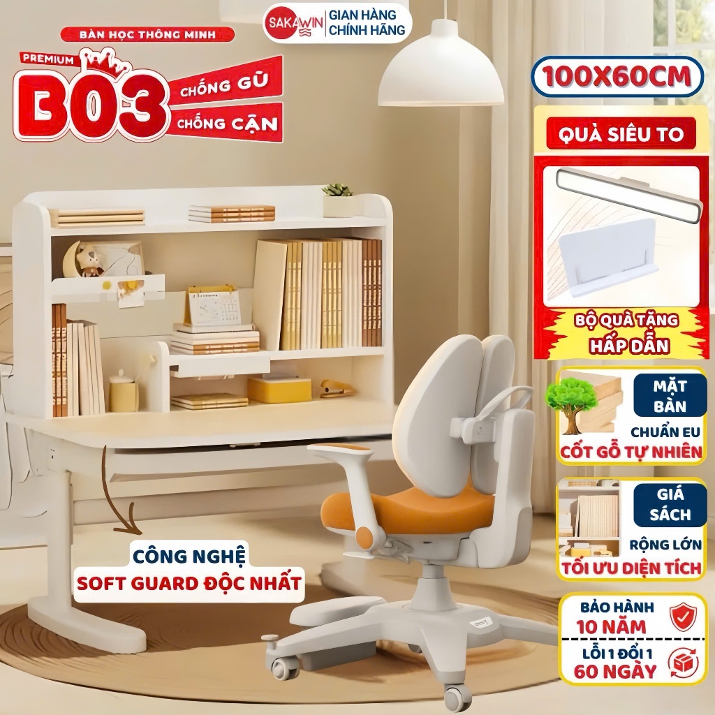 [MẪU MỚI 2026] Bàn học chống gù Sakawin Premium B03 Thiết kế giá sách 3 tầng Nâng nghiêng mặt bàn linh hoạt Size 100cm