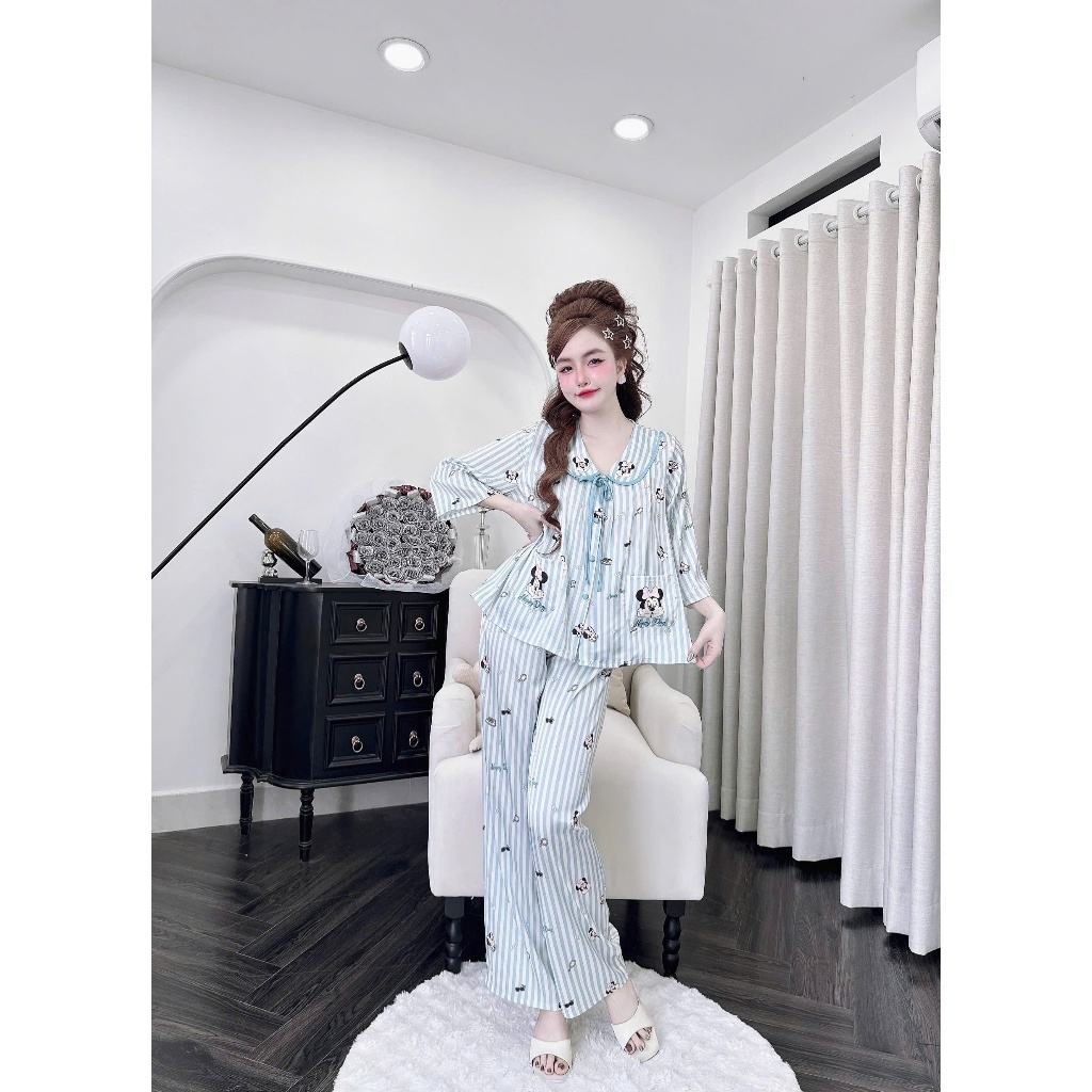 Đồ ngủ pijama quần dài thiết kế cổ sen cột nơ (DB201)